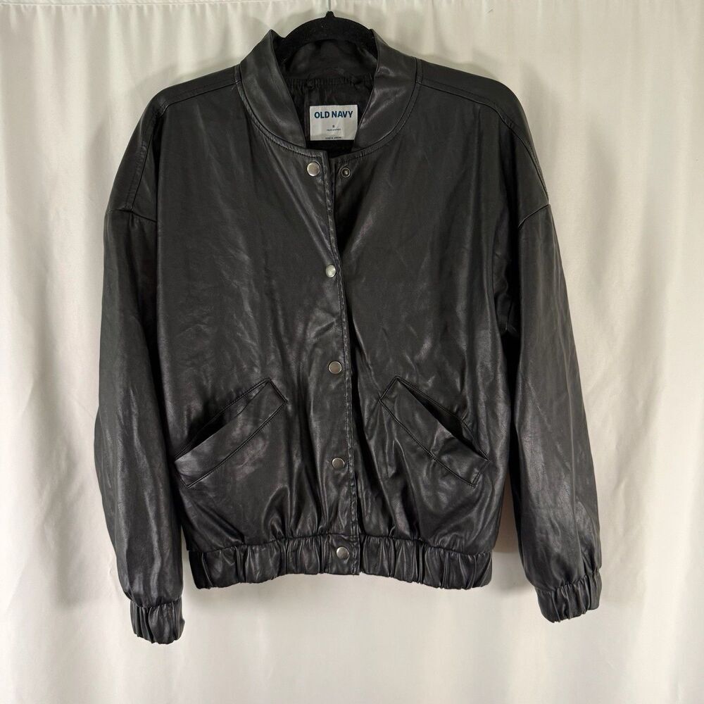 Old Navy Faux Leather Jacket Women's Small Black Snap Button Long Sleeve